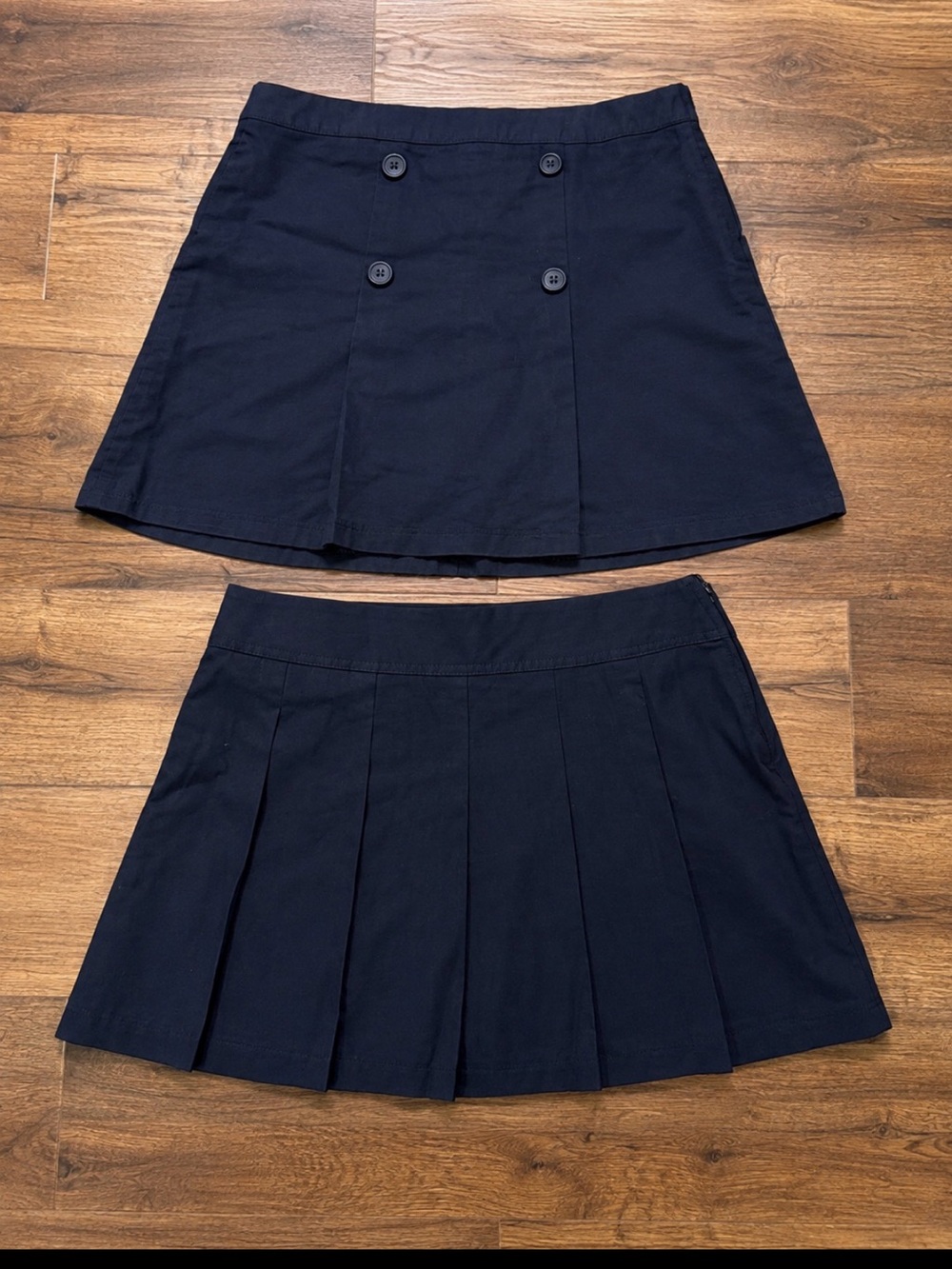 Navy Double-Button & Pleated Mini Skirt Set